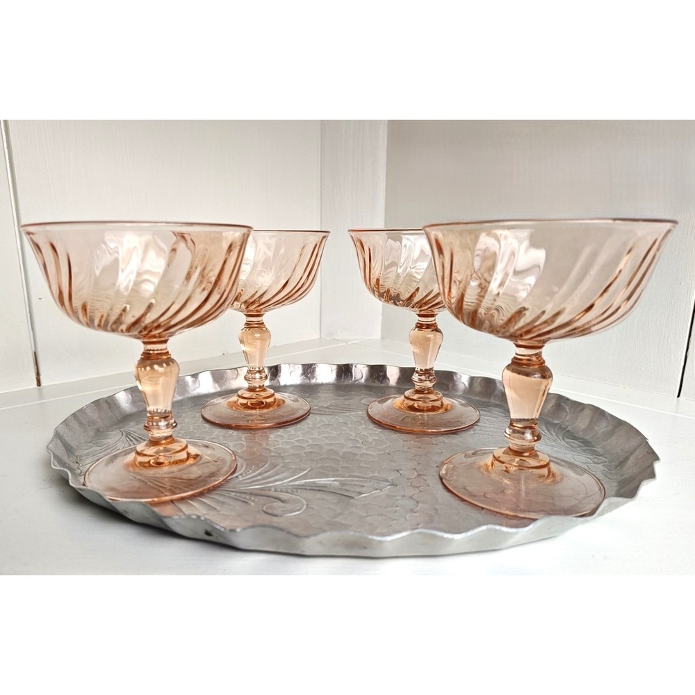 Vintage Rosaline Luminarc Pink Swirl Glass Champagne Sherbet, France-Set Of 4